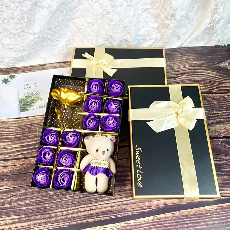 12 Rose Soap box with Teddy and Foil Rose - Luxe-Custom-Designer