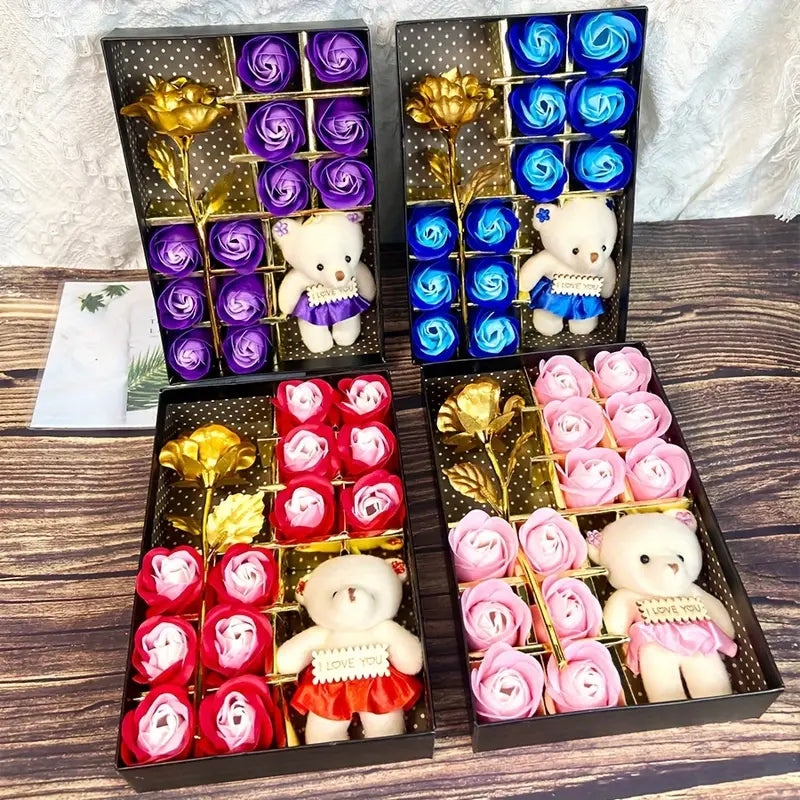 12 Rose Soap box with Teddy and Foil Rose - Luxe-Custom-Designer