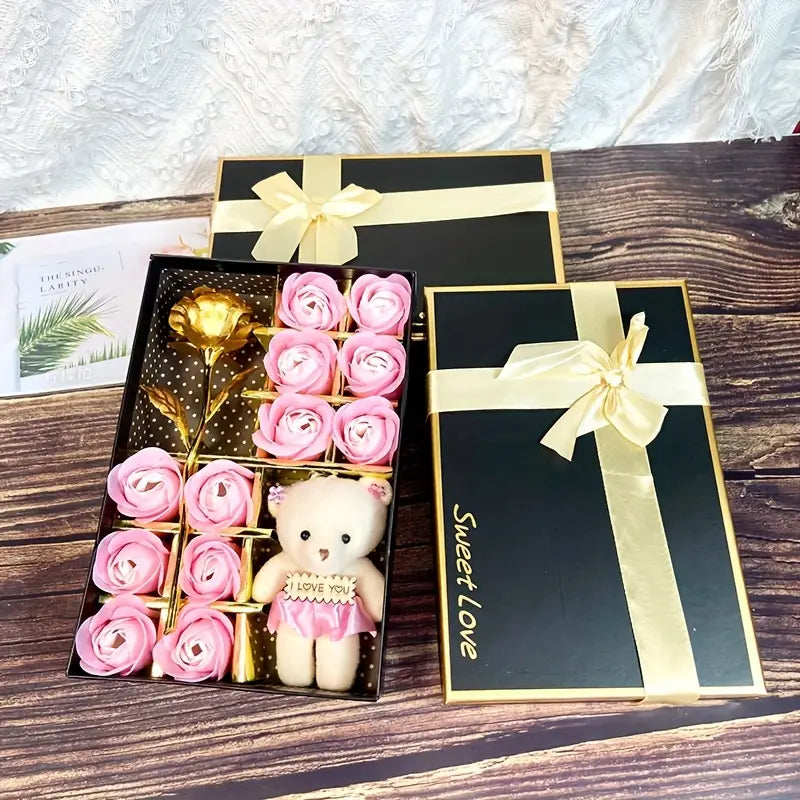 12 Rose Soap box with Teddy and Foil Rose - Luxe-Custom-Designer