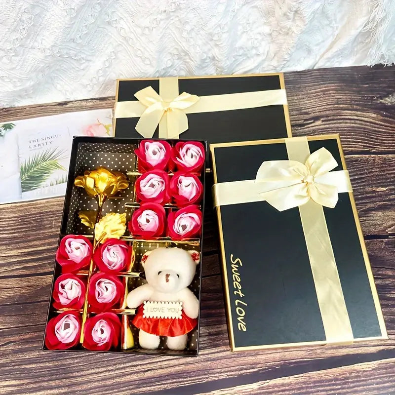 12 Rose Soap box with Teddy and Foil Rose - Luxe-Custom-Designer