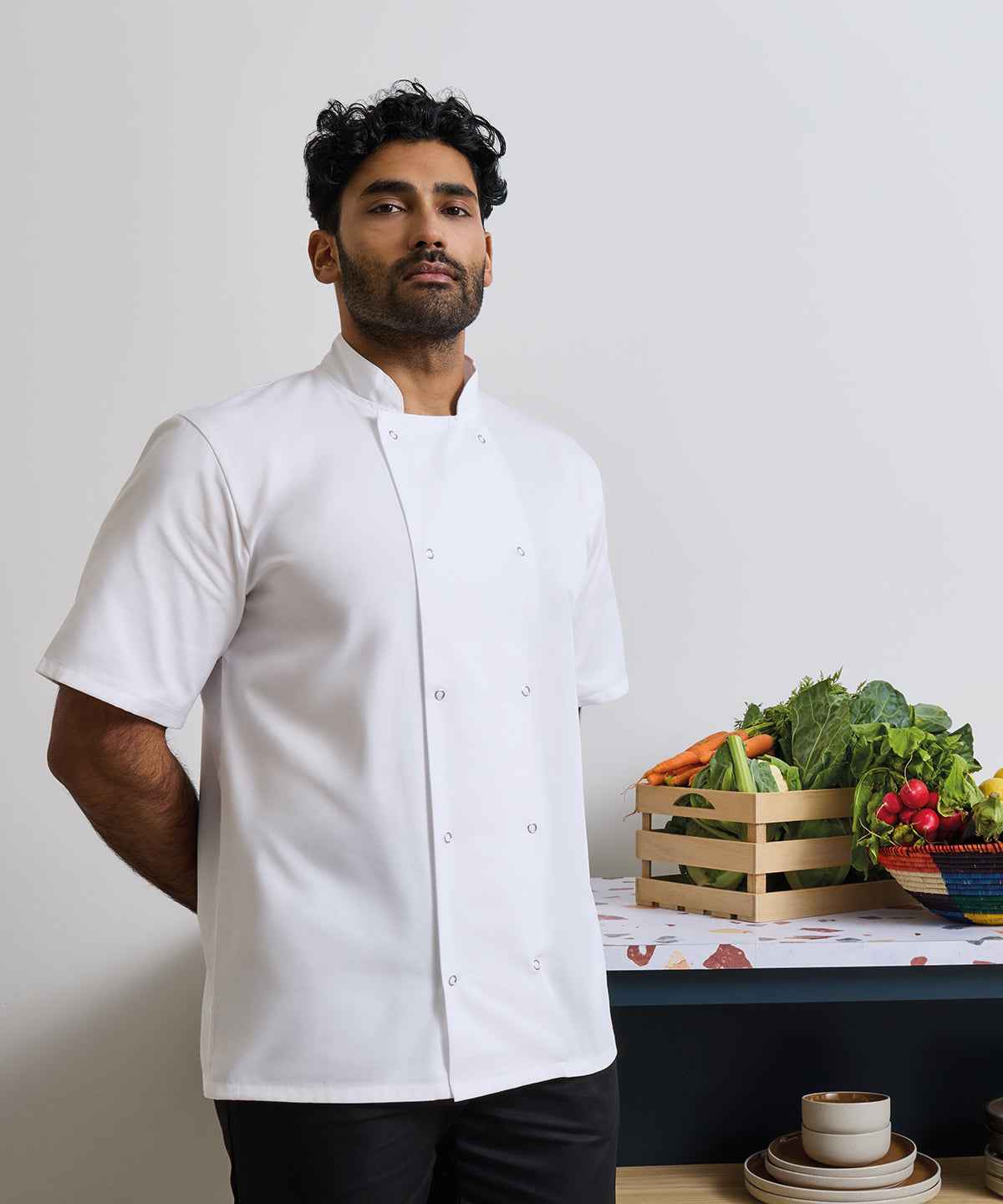 Studded front short sleeve chef's jacket