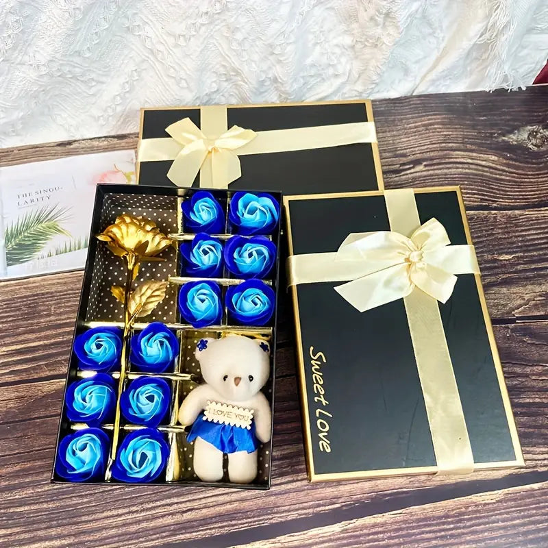 12 Rose Soap box with Teddy and Foil Rose - Luxe-Custom-Designer