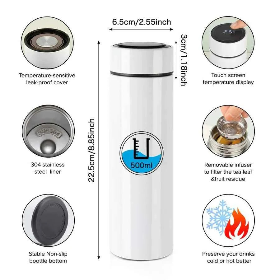 500ml Water Bottle with Filter and Temperature Display - Glossy White - Luxe Custom Designer